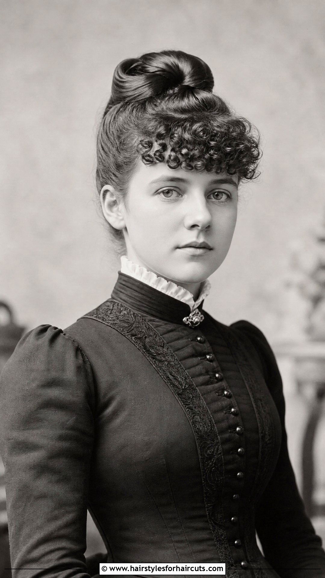 1880s Frizzed Bangs With Bun - 25 long hair 1800s hairstyles - 25 long hair 1800s hairstyles