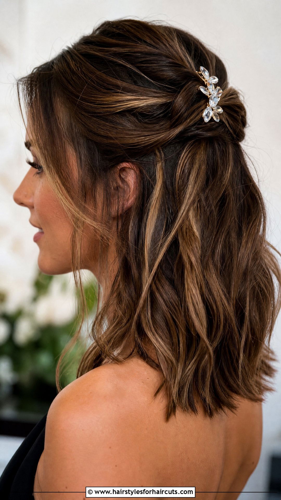 Accessorized Half Up Medium Hair - 25 summer wedding hairstyles for medium hair - 25 summer wedding hairstyles for medium hair