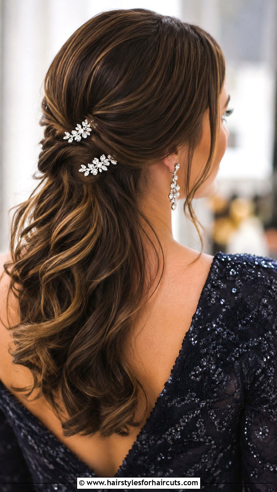 Accessorized Half Up Style - 25 easy wedding guest hairstyles for straight hair - 25 easy wedding guest hairstyles for straight hair