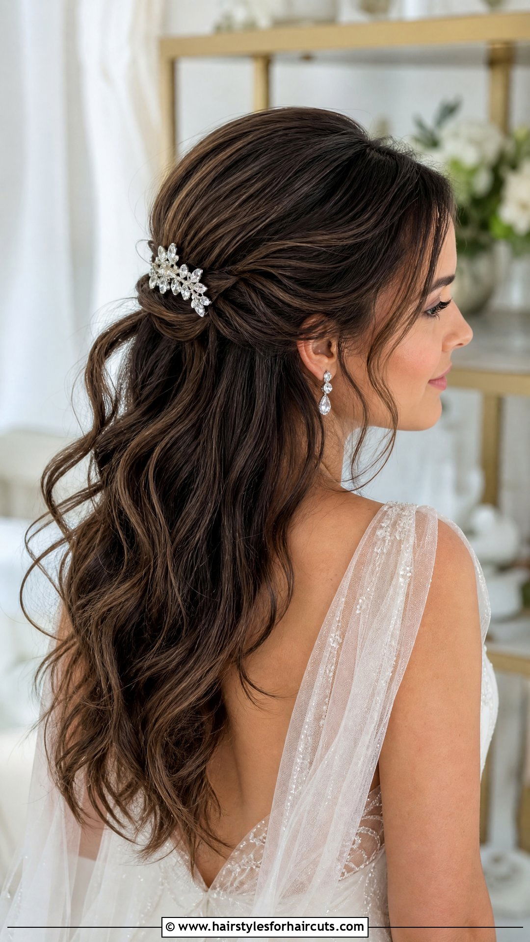 Accessorized Half Up Wedding Hairstyle - 25 wedding hairstyles medium hair - 25 wedding hairstyles medium hair