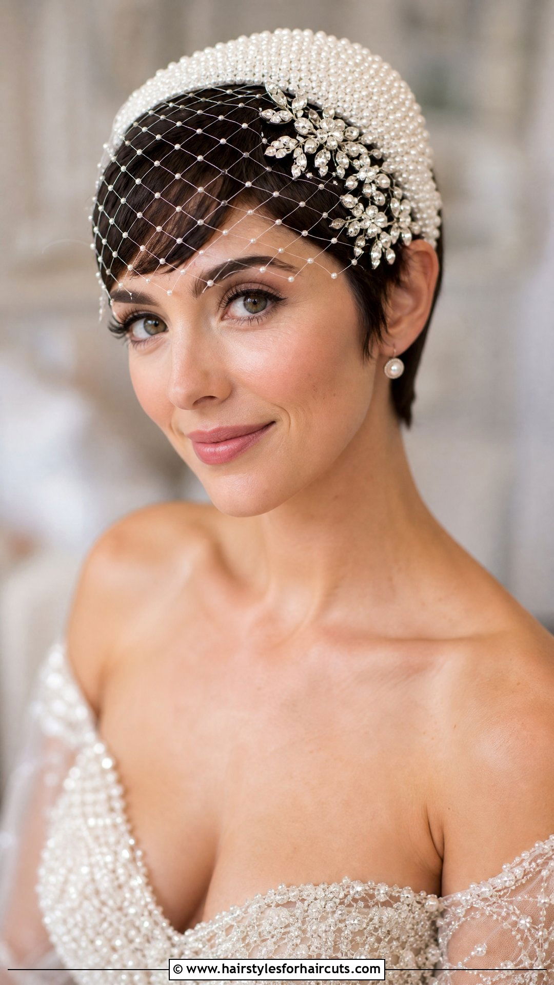 Accessorized Pixie With Juliet Cap Veil - 25 wedding hairstyles for short hair with veil - 25 wedding hairstyles for short hair with veil