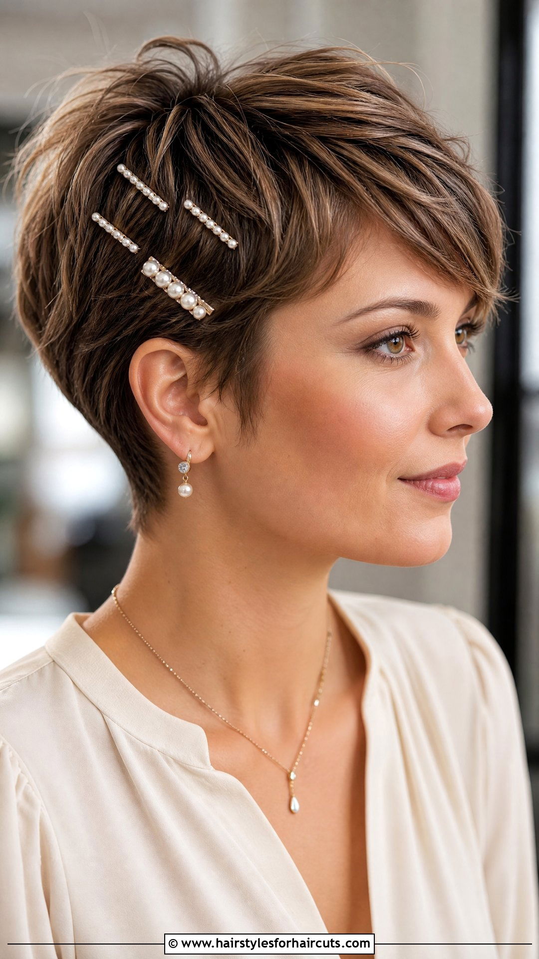 Accessorized Pixie With Pearl Pins - 25 wedding hairstyles short hair - 25 wedding hairstyles short hair