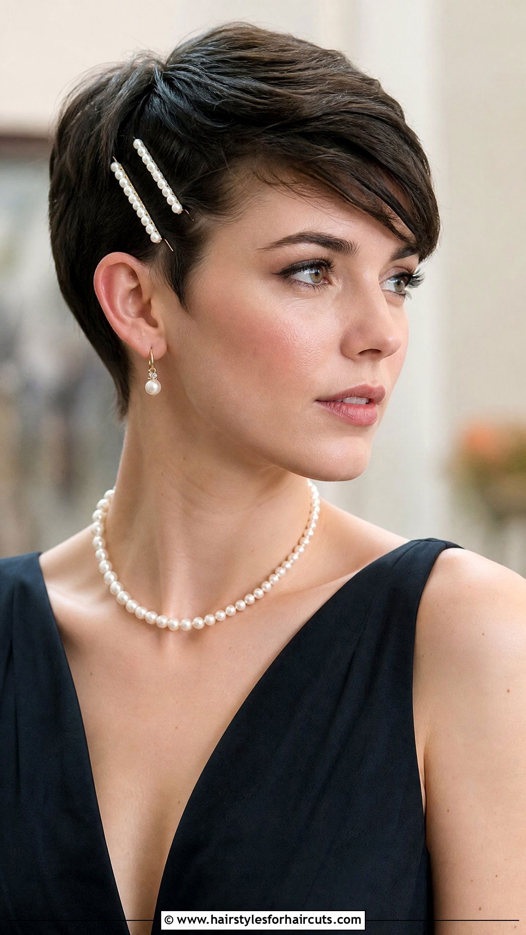 Accessorized Pixie With Pearls - 25 simple bridesmaid hairstyles for short hair - 25 simple bridesmaid hairstyles for short hair