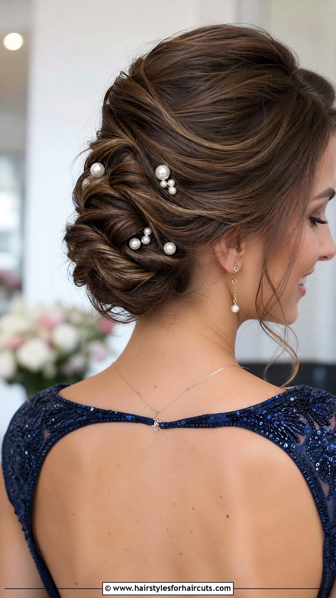 Accessorized Updo With Pearls - 25 long hair bridesmaid hairstyles - 25 long hair bridesmaid hairstyles