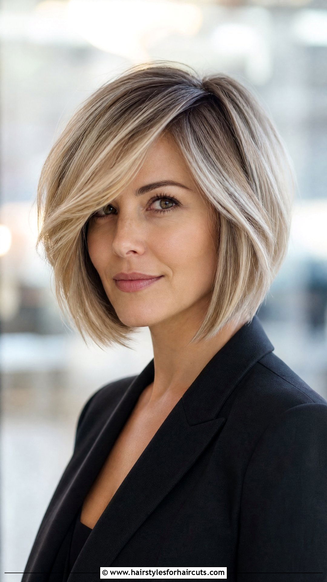 Angled Bob With Side Swept Bangs - 25 fine hair medium length hairstyles with bangs - 25 fine hair medium length hairstyles with bangs