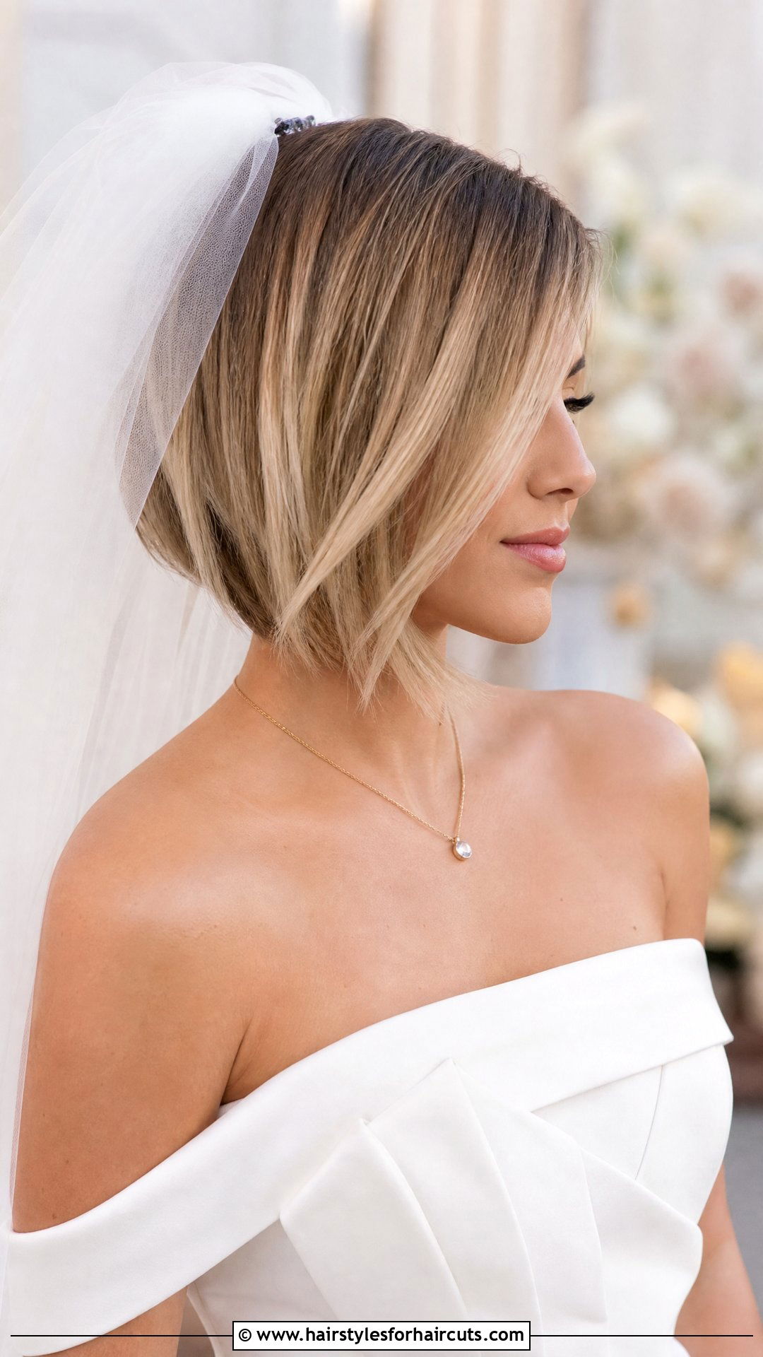 Asymmetrical Bob With Cathedral Veil - 25 wedding hairstyles for short hair with veil - 25 wedding hairstyles for short hair with veil