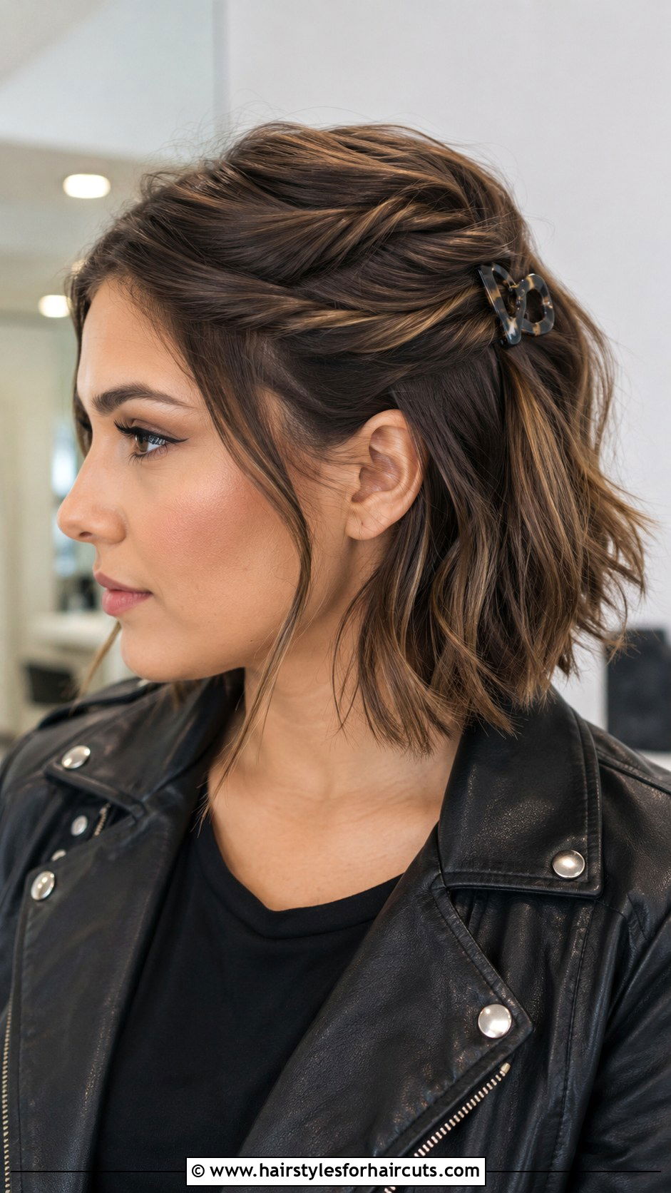 Asymmetrical Twist With Clip - 25 short hair hairstyles with mini claw clips - 25 short hair hairstyles with mini claw clips