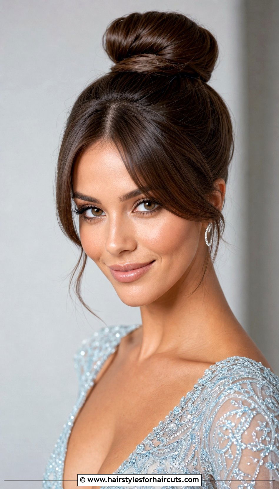 Ballerina Bun With Curtain Bangs - 25 wedding hairstyles with bangs for long hair - 25 wedding hairstyles with bangs for long hair