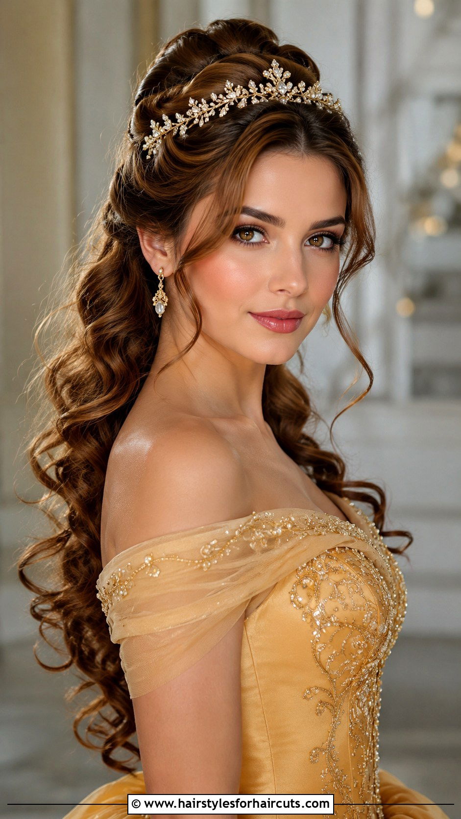 Belle Accessorized Curls With Tiara - 25 belle hairstyles - 25 belle hairstyles