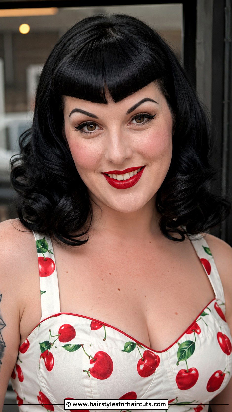 Bettie Bangs With Shoulder Length Curls - 25 hair 50s poodle skirt hairstyles - 25 hair 50's poodle skirt hairstyles