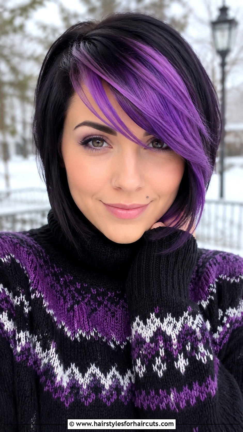 Black And Purple Side Swept Bangs Bob - 25 black and purple hairstyles - 25 black and purple hairstyles