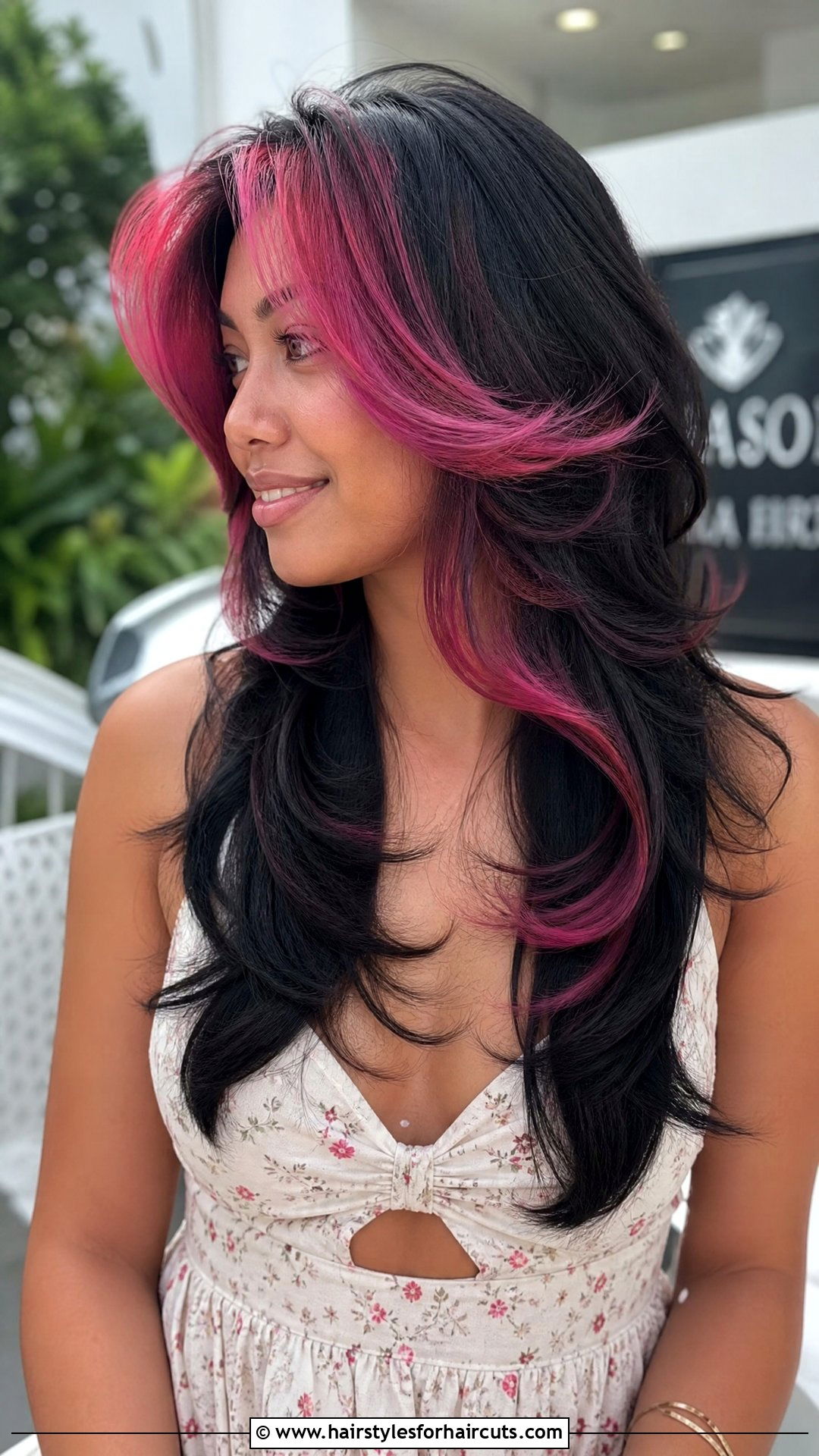 Black Butterfly Cut With Pink Layers - 25 black and pink hairstyles - 25 black and pink hairstyles