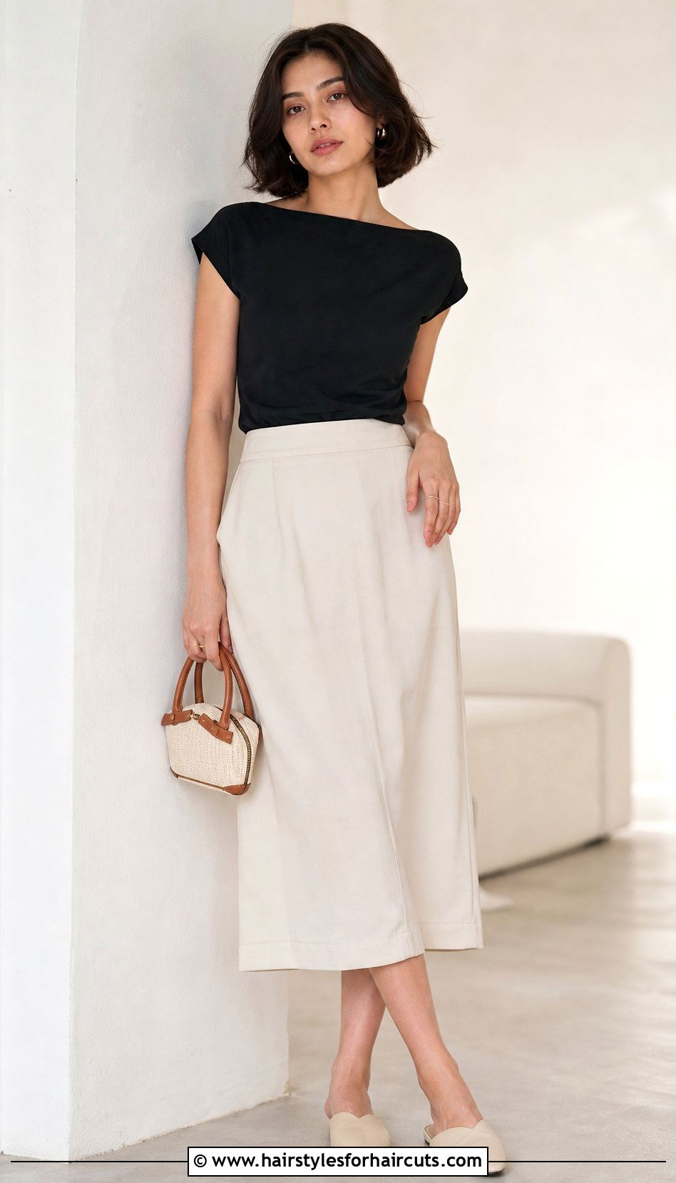 Boat Neck Top With Midi Skirt - 25 casual outfits for short hairstyles - 25 casual outfits for short hairstyles