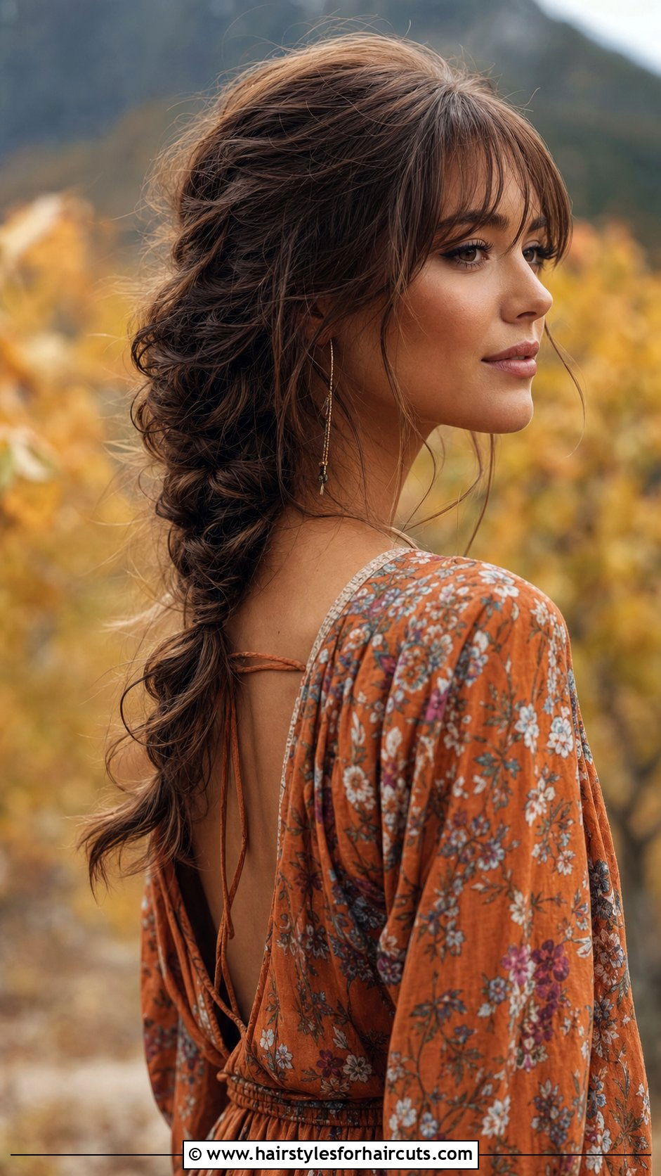 Boho Braid With Wispy Bangs - 25 wedding hairstyles with bangs for long hair - 25 wedding hairstyles with bangs for long hair