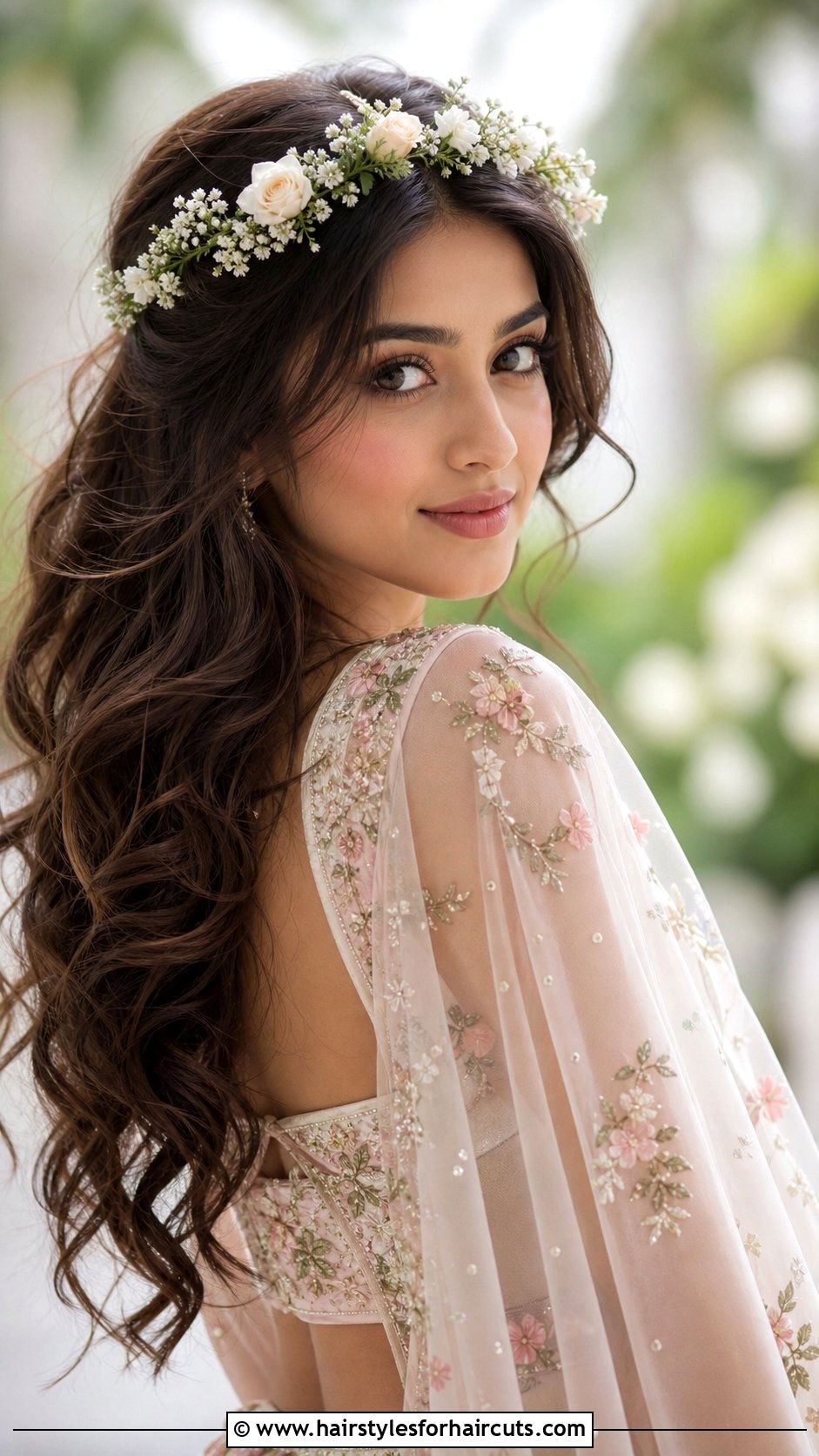 Boho Chic Open Curls With Floral Tiara - 25 modern indian wedding hairstyles for long hair - 25 modern indian wedding hairstyles for long hair