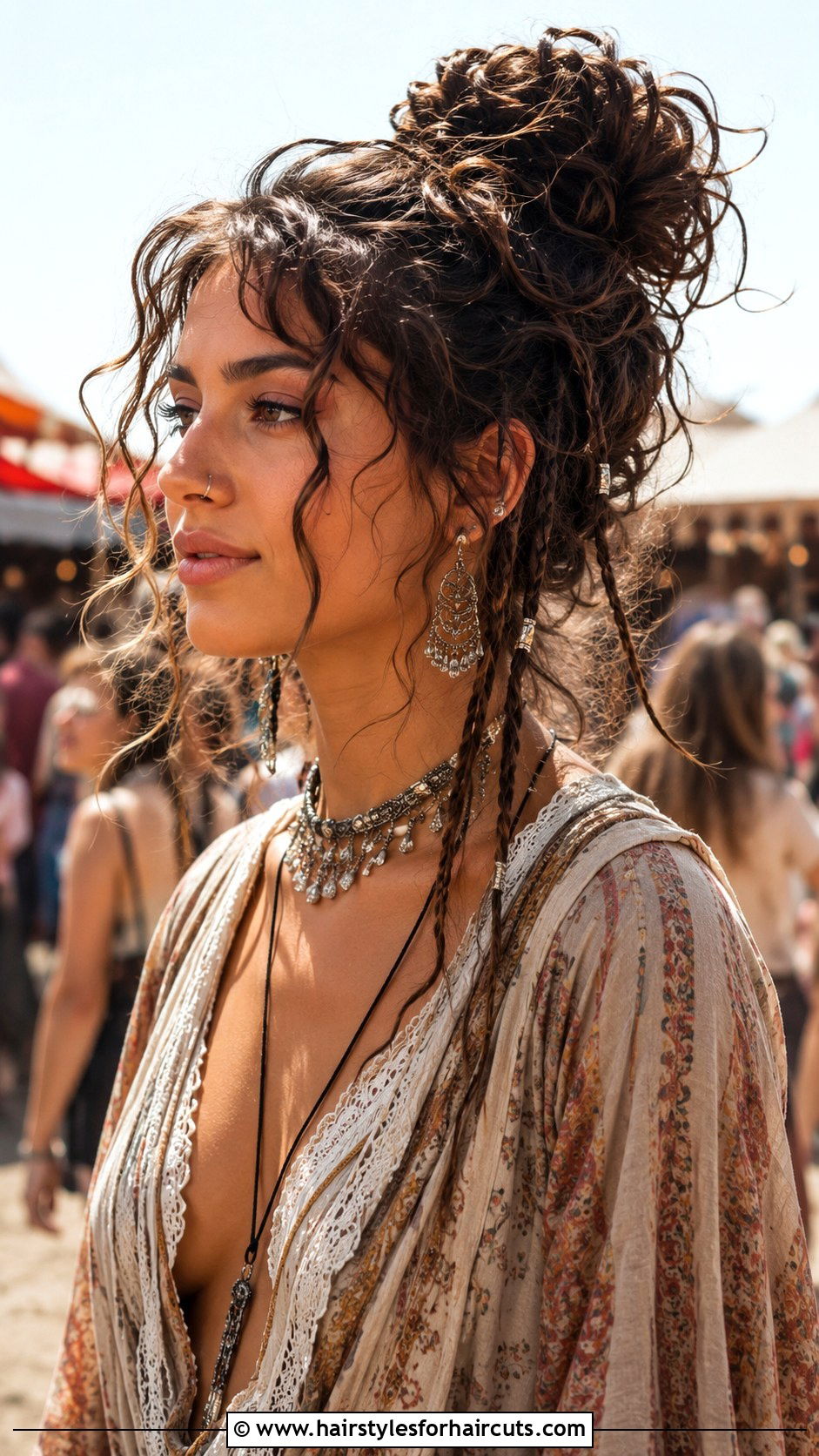 Boho Curly Bun - 25 bun hairstyles curly hair - 25 bun hairstyles curly hair