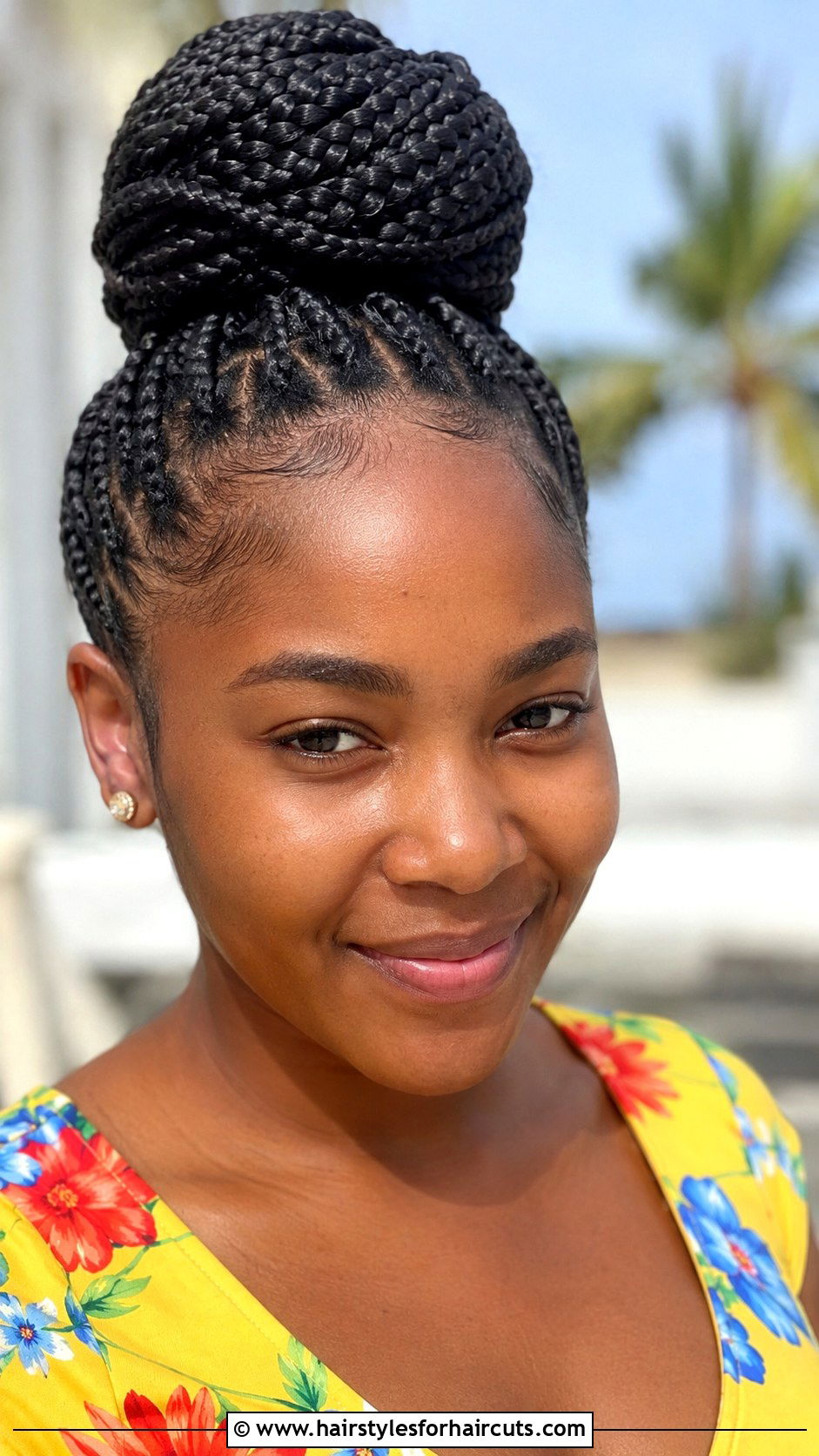 Box Braided High Bun - 25 bun hairstyles for relaxed hair - 25 bun hairstyles for relaxed hair