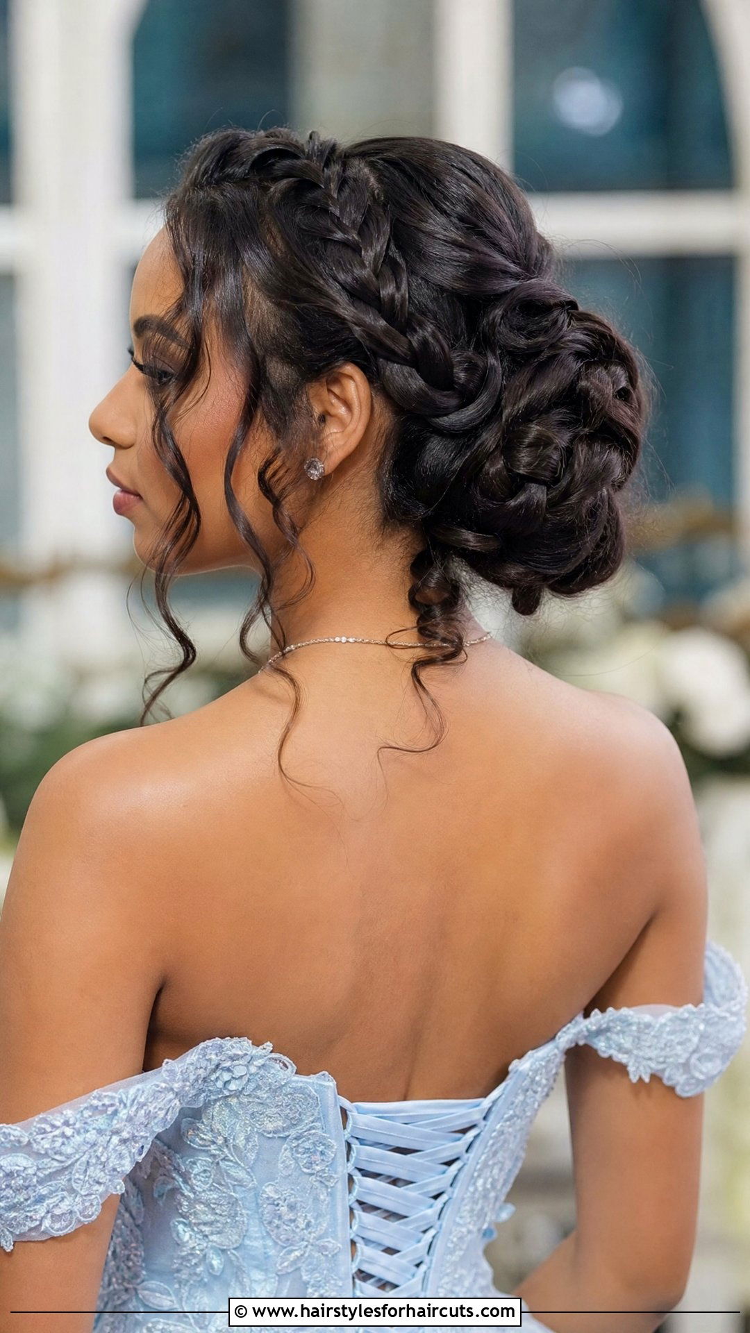 Braided Bun With Curly Tendrils - 25 wedding hairstyles for curly black hair - 25 wedding hairstyles for curly black hair