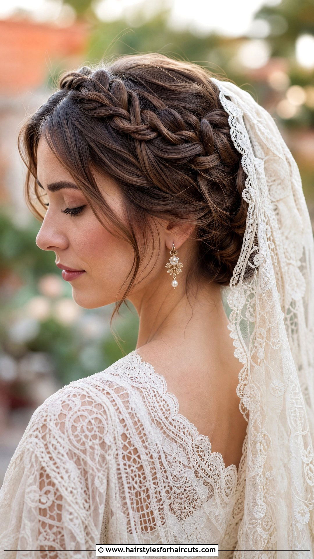 Braided Crown Short Hair With Mantilla Veil - 25 wedding hairstyles for short hair with veil - 25 wedding hairstyles for short hair with veil