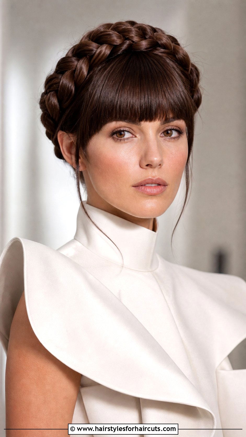 Braided Crown With Blunt Bangs - 25 wedding hairstyles with bangs for long hair - 25 wedding hairstyles with bangs for long hair