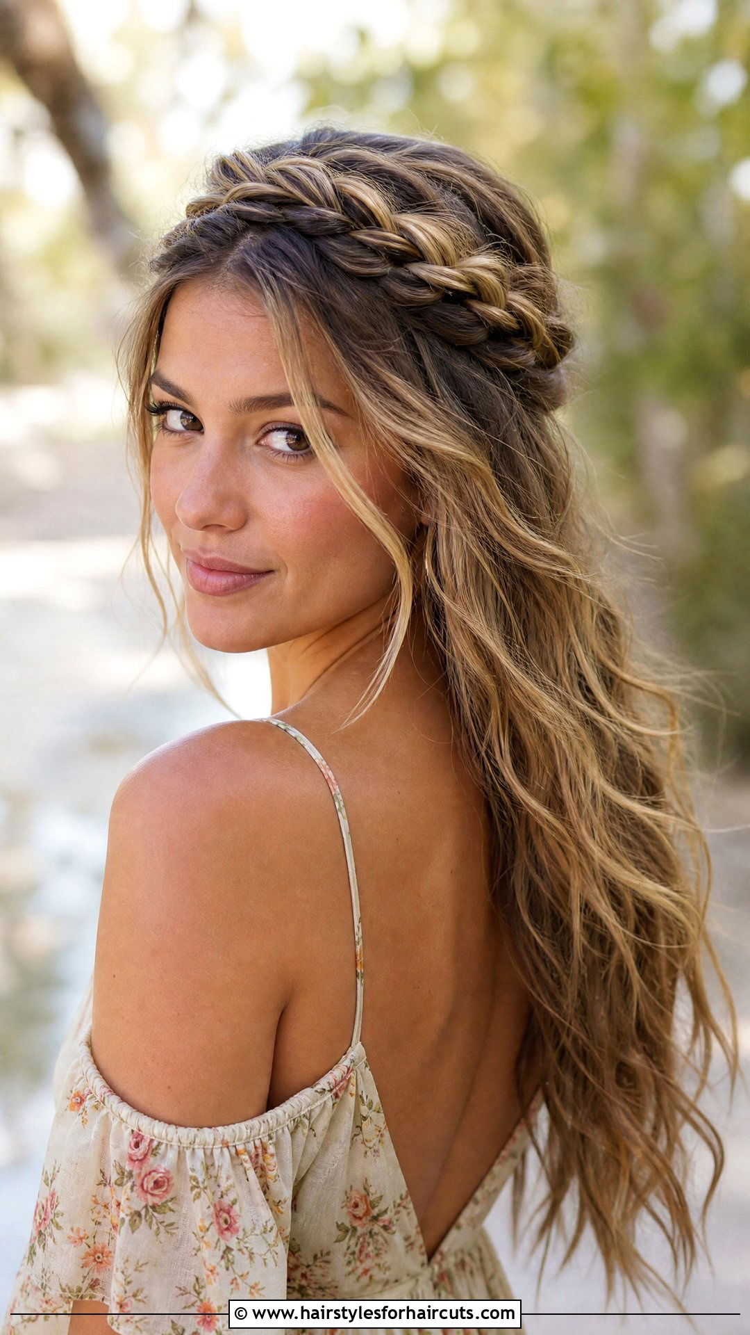 Braided Crown With Loose Waves - 25 wedding hairstyles for wavy hair - 25 wedding hairstyles for wavy hair