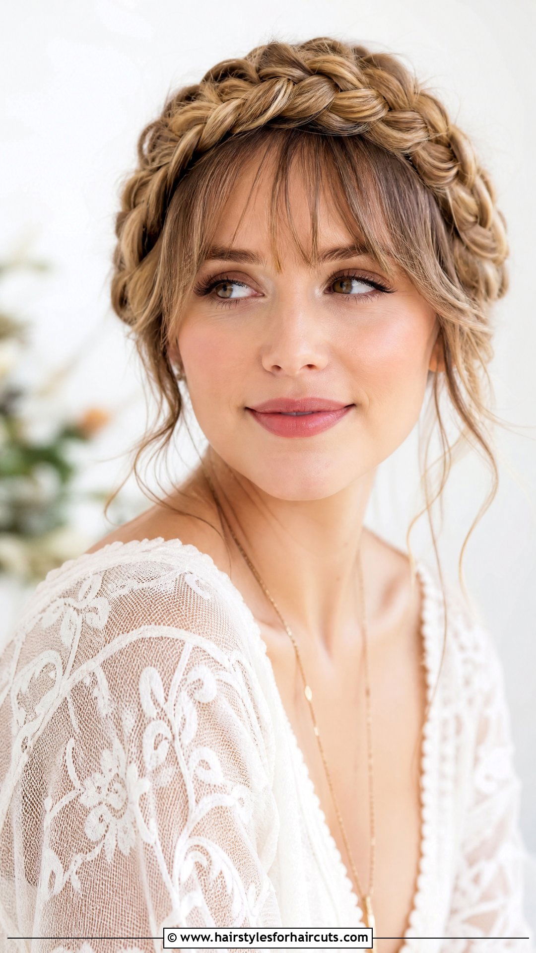 Braided Crown With Wispy Bangs - 25 updo hairstyles for long hair with bangs - 25 updo hairstyles for long hair with bangs