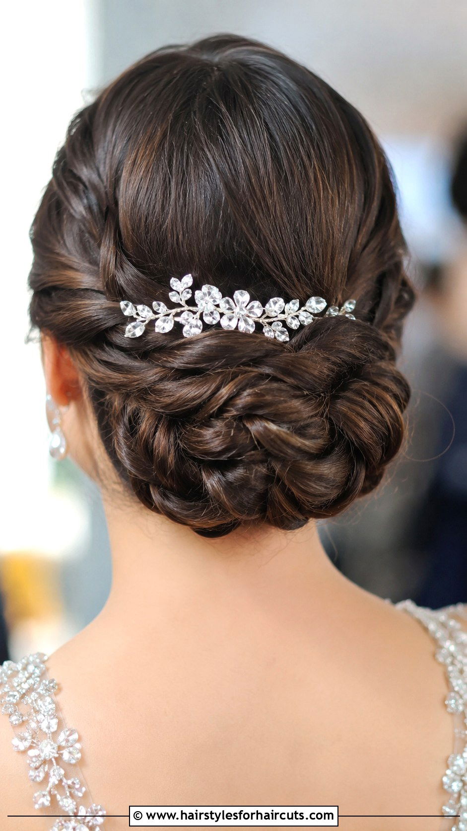 Braided Low Bun With Crystal Barrette - 25 hair clip hairstyles for long hair - 25 hair clip hairstyles for long hair