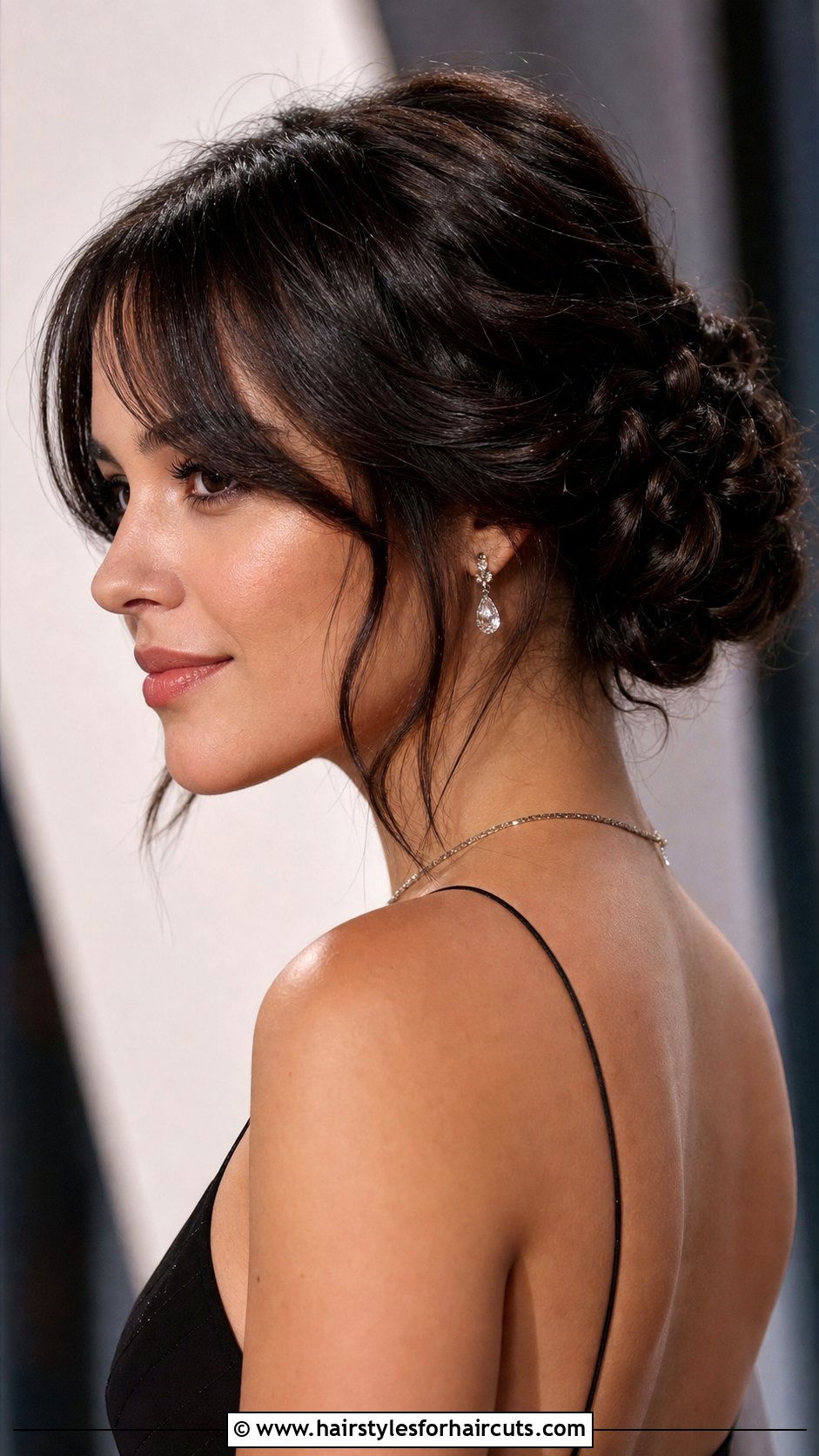 Braided Low Bun With Curtain Bangs - 25 formal hairstyles for medium hair with bangs - 25 formal hairstyles for medium hair with bangs
