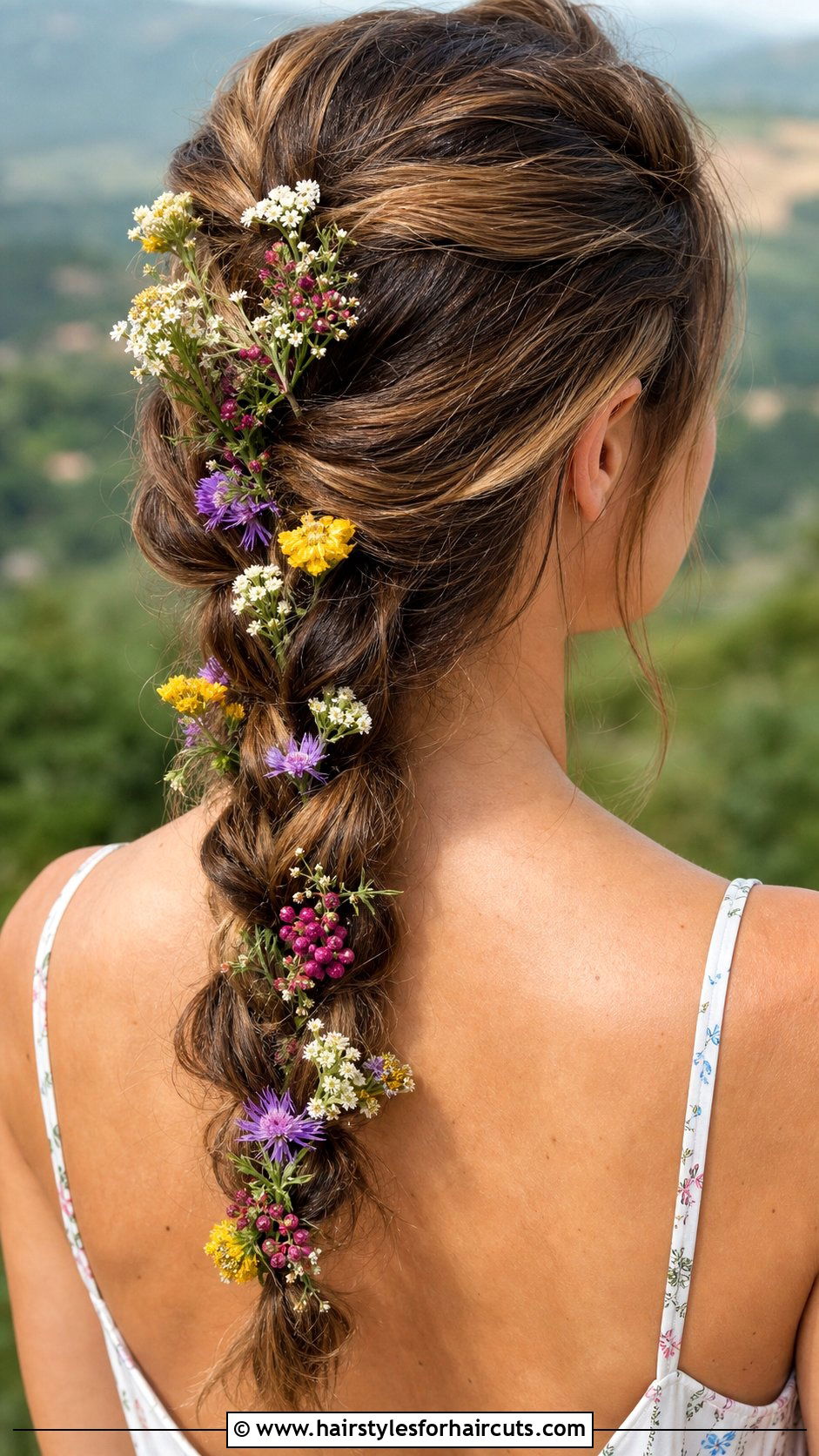 Braided Ponytail With Mixed Wildflowers - 25 wedding hairstyles with flowers for long hair - 25 wedding hairstyles with flowers for long hair
