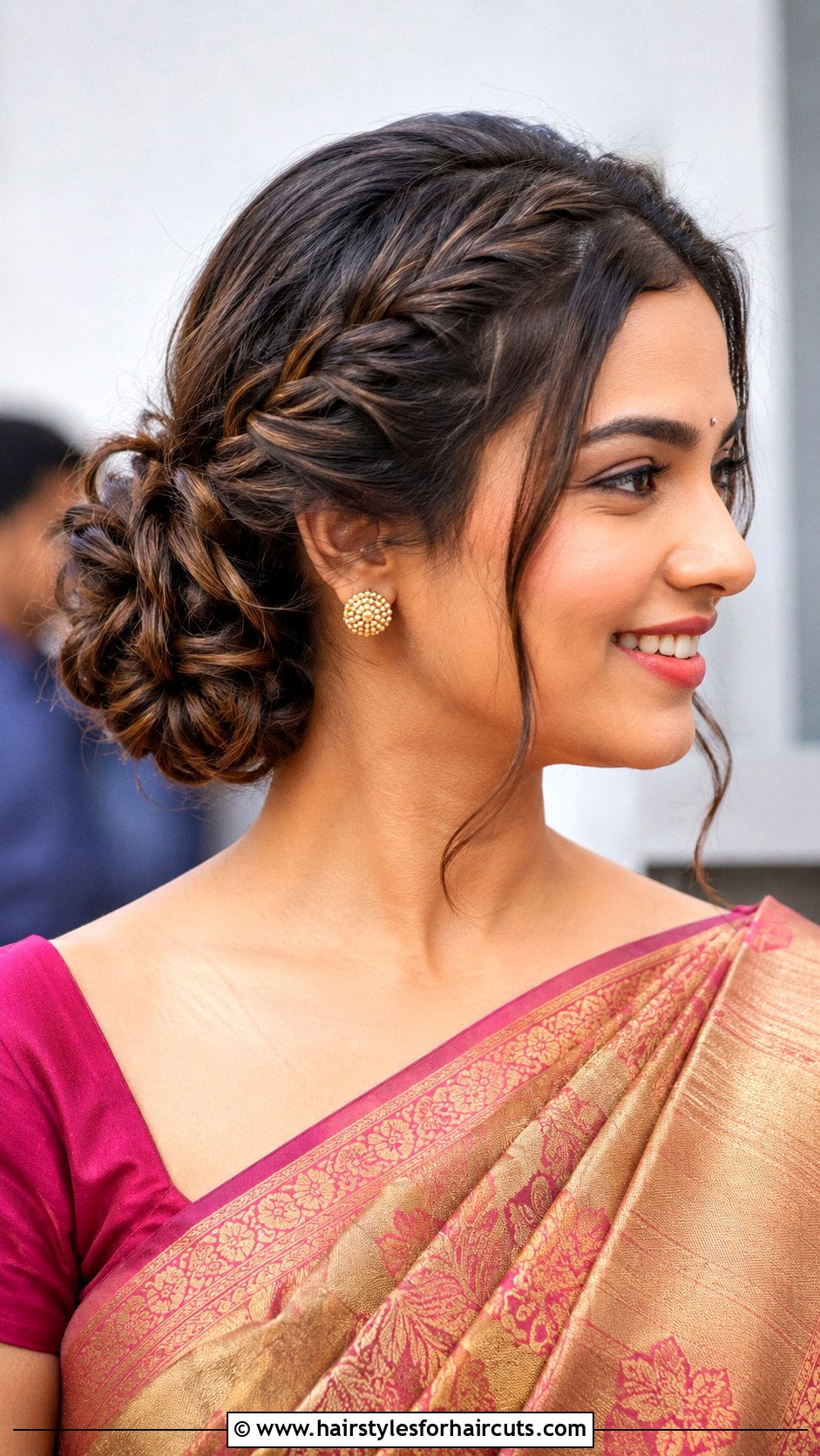 Braided Side Bun - 25 saree hairstyles for short hair - 25 saree hairstyles for short hair