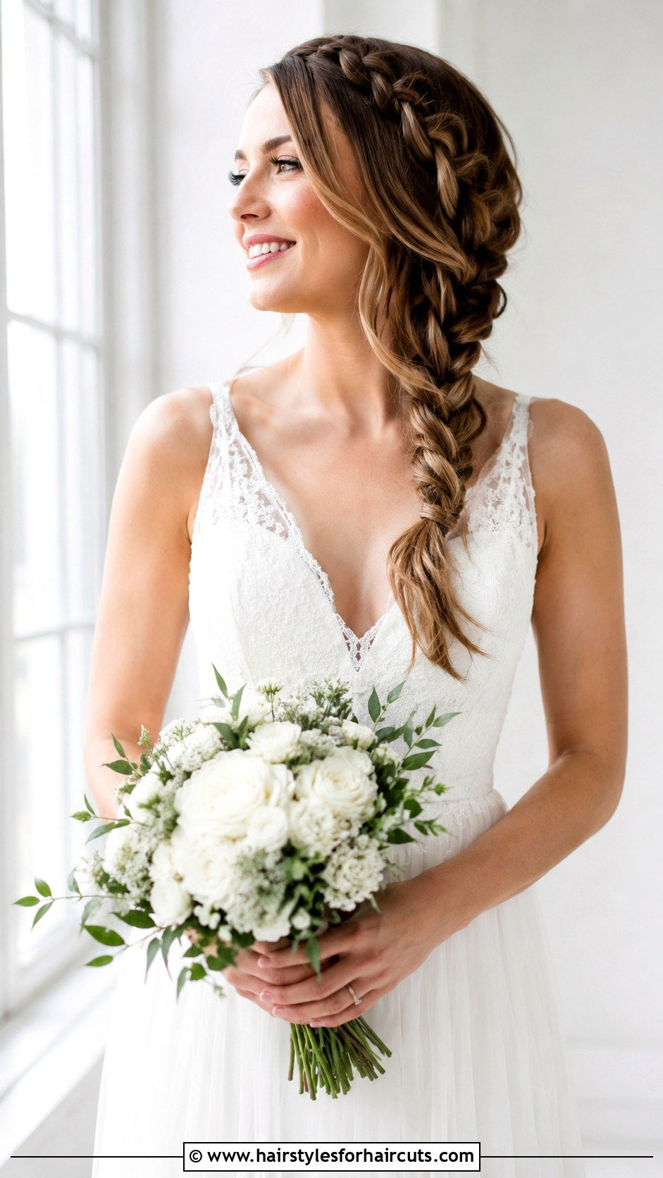 Braided Side Sweep Bob - 25 beach wedding hairstyles for short hair - 25 beach wedding hairstyles for short hair