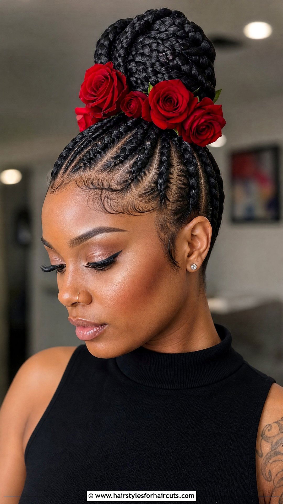 Braided Top Knot With Red Roses - 25 hairstyles frida kahlo hair - 25 hairstyles frida kahlo hair