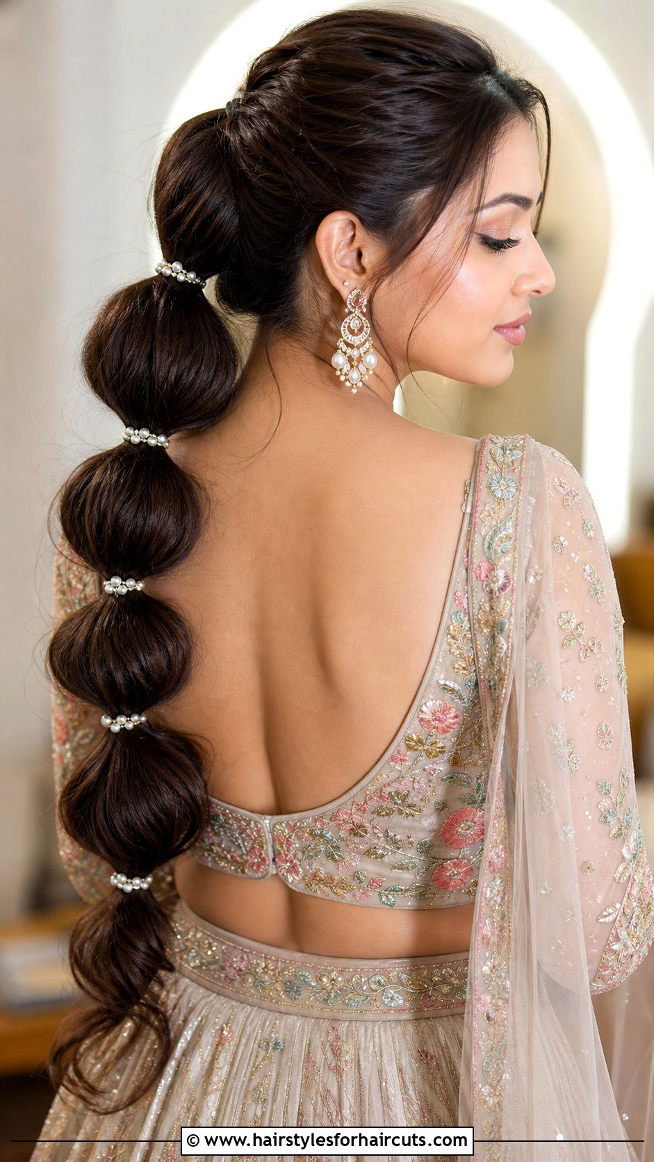 Bubble Braid With Pearls - 25 modern indian wedding hairstyles for long hair - 25 modern indian wedding hairstyles for long hair