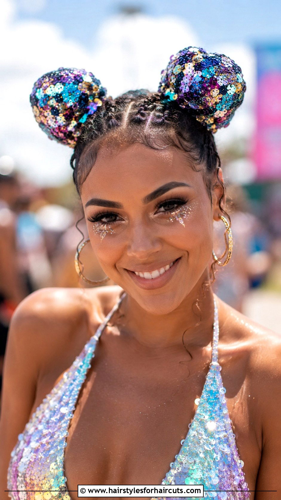 Carnival Sequin Space Buns - 25 carnival hairstyles - 25 carnival hairstyles