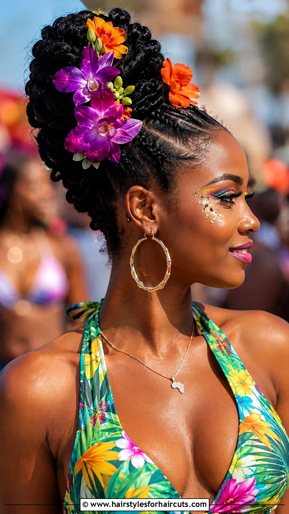 Carnival Twisted Updo With Flowers - 25 carnival hairstyles - 25 carnival hairstyles