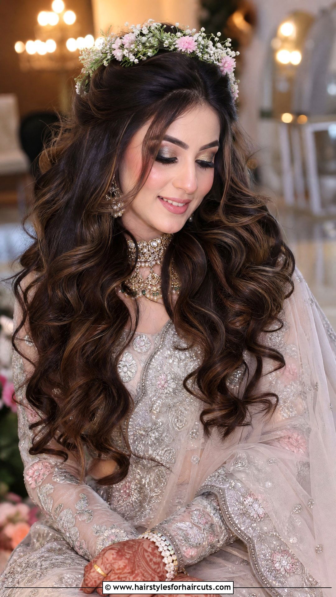 Cascading Curls With Floral Tiara - 25 wedding hairstyles for saree - 25 wedding hairstyles for saree