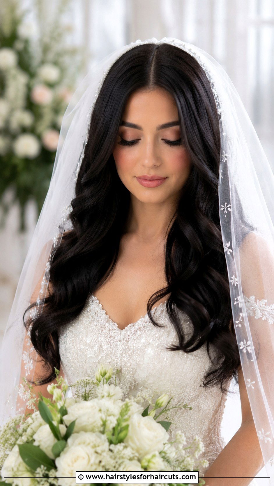 Center Part Black Bridal Waves With Blusher - 25 hair down black wedding hairstyles with veil - 25 hair down black wedding hairstyles with veil