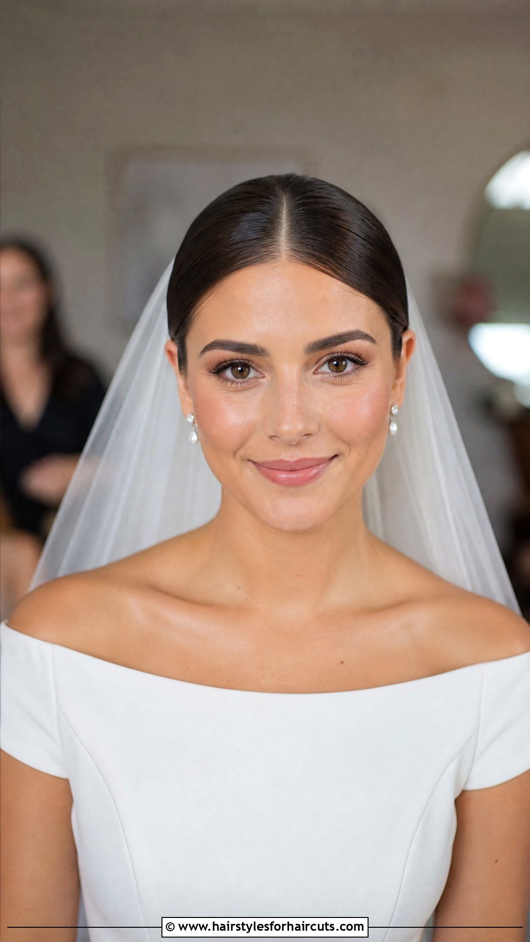 Center Part Sleek Down Wedding Hairstyle With Veil - 25 wedding hairstyles with veil - 25 wedding hairstyles with veil