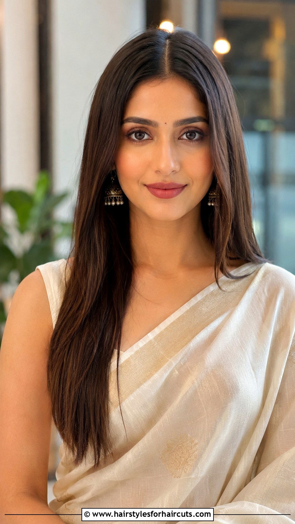 Center Parted Sleek Look - 25 saree hairstyles for short hair - 25 saree hairstyles for short hair