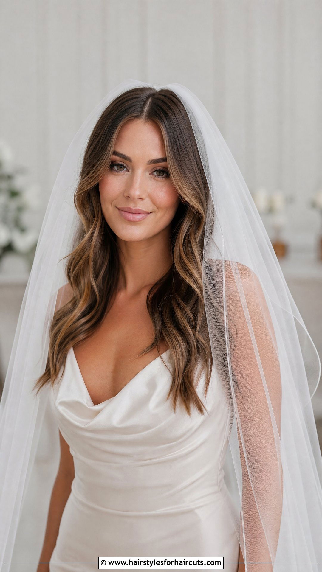 Center Parted Wavy Lob With Cathedral Veil - 25 wedding hairstyles for short hair with veil - 25 wedding hairstyles for short hair with veil