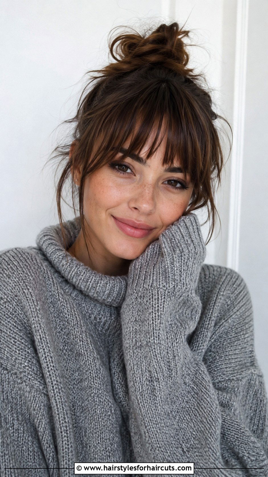 Choppy Bangs With Messy Bun - 25 bangs hairstyles for thin hair - 25 bangs hairstyles for thin hair