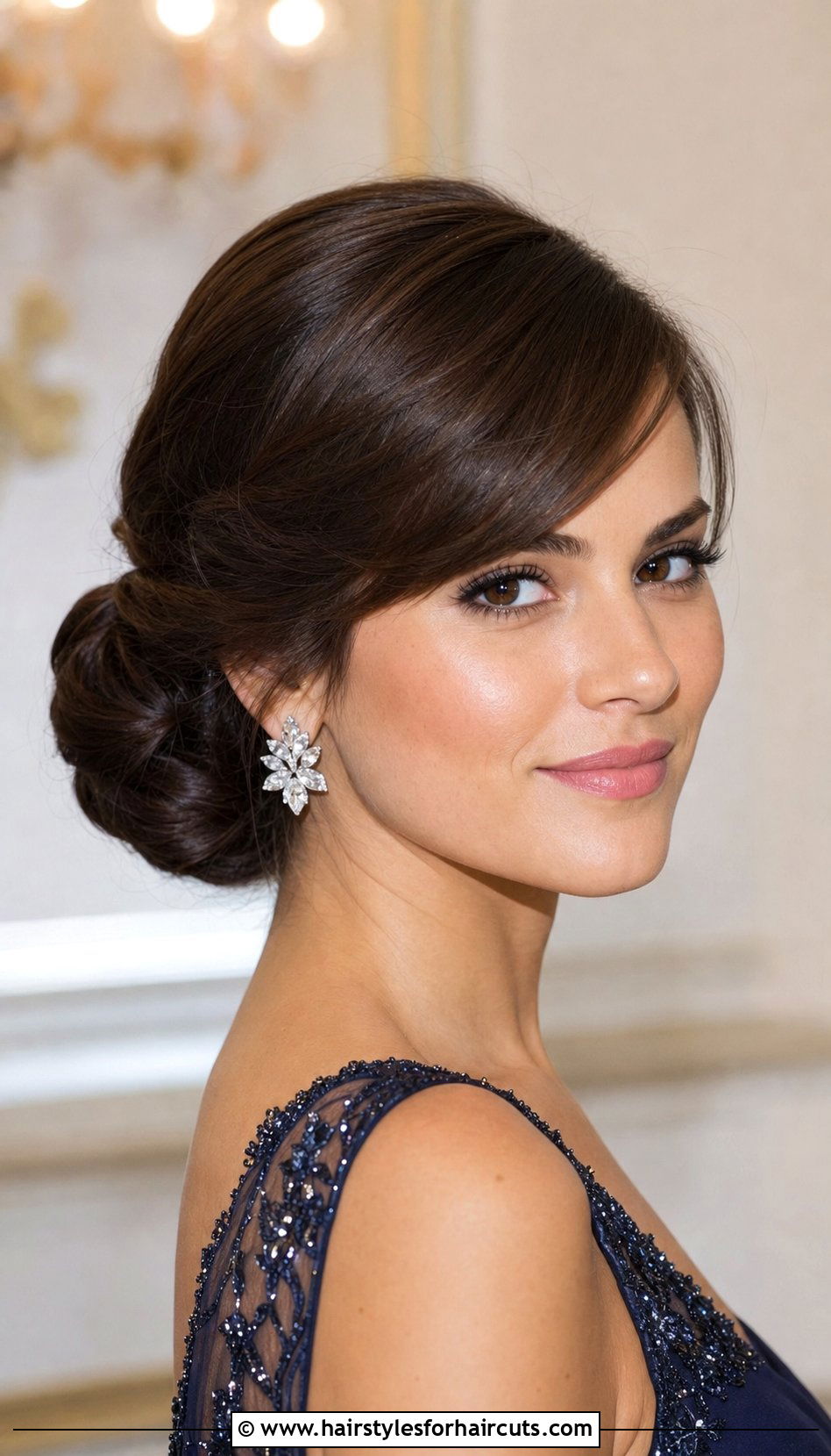 Classic Chignon With Side Swept Bangs - 25 wedding hairstyles with bangs for long hair - 25 wedding hairstyles with bangs for long hair