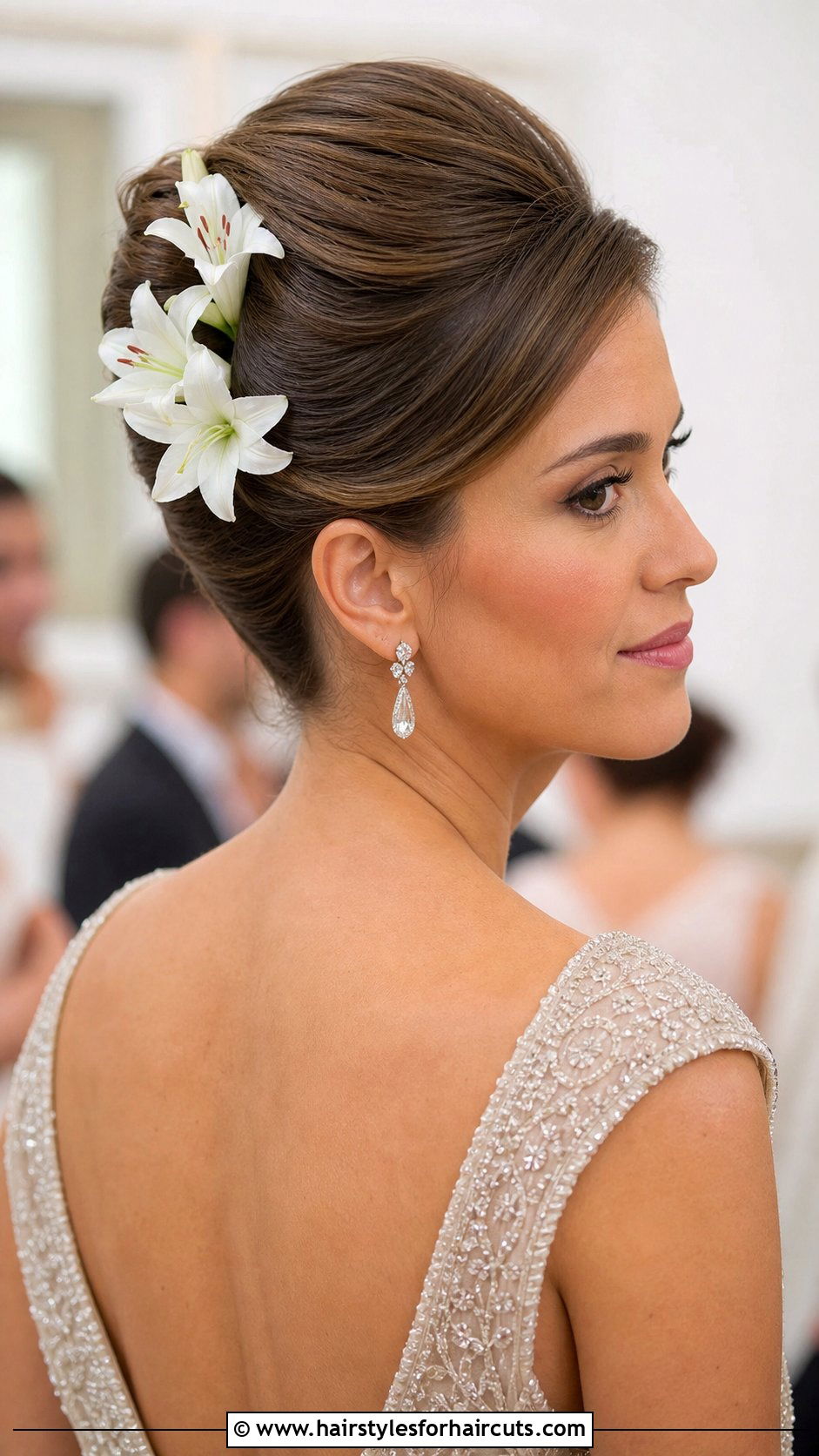 Classic French Twist With Floral Spray - 25 wedding hairstyles with flowers for long hair - 25 wedding hairstyles with flowers for long hair