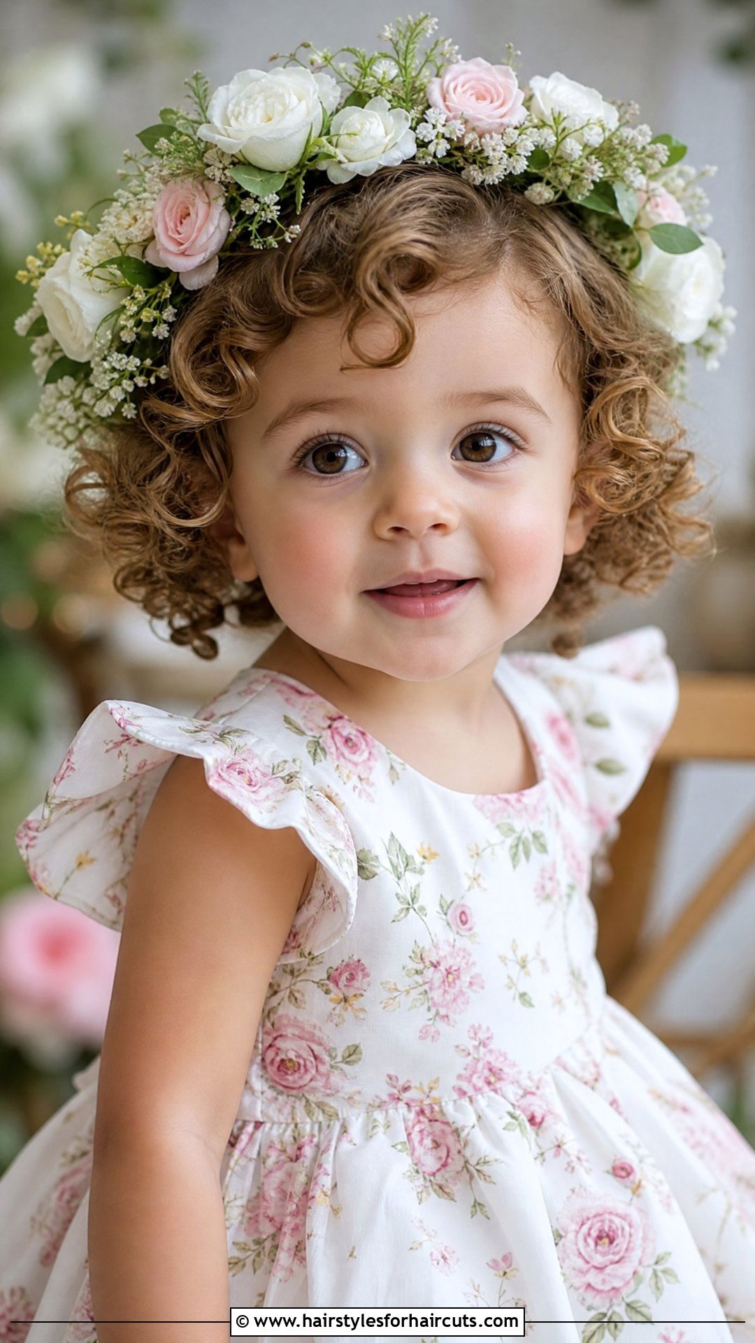 Classic Short Curl And Floral Wreath - 25 flower girl hairstyles for short hair - 25 flower girl hairstyles for short hair