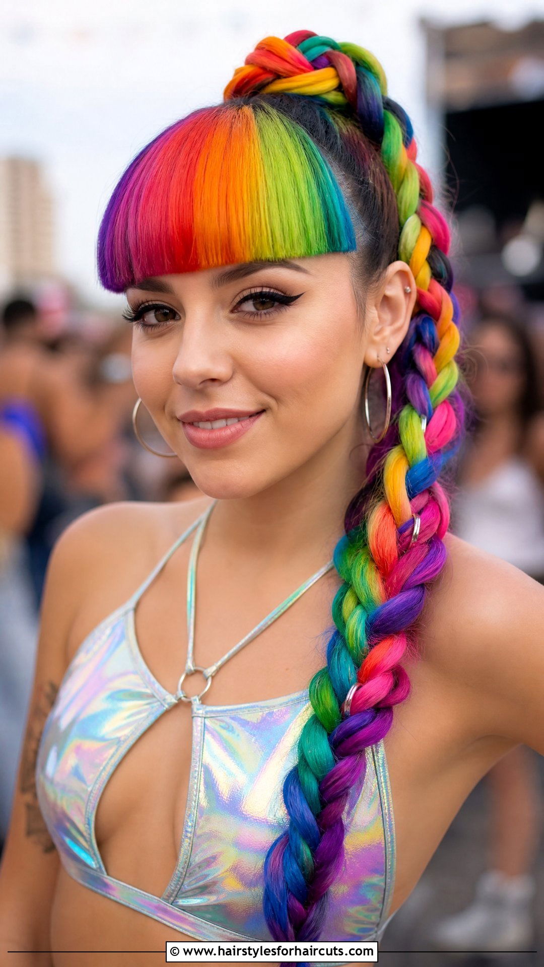 Colorful Braided Ponytail With Blunt Bangs - 25 ponytail and bang hairstyles for black hair - 25 ponytail and bang hairstyles for black hair