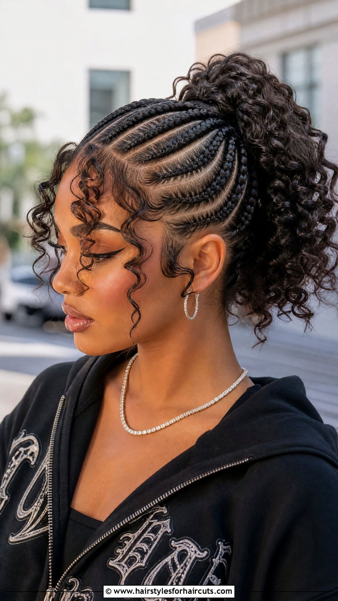 Cornrow Ponytail With Curly Bangs - 25 ponytail and bang hairstyles for black hair - 25 ponytail and bang hairstyles for black hair