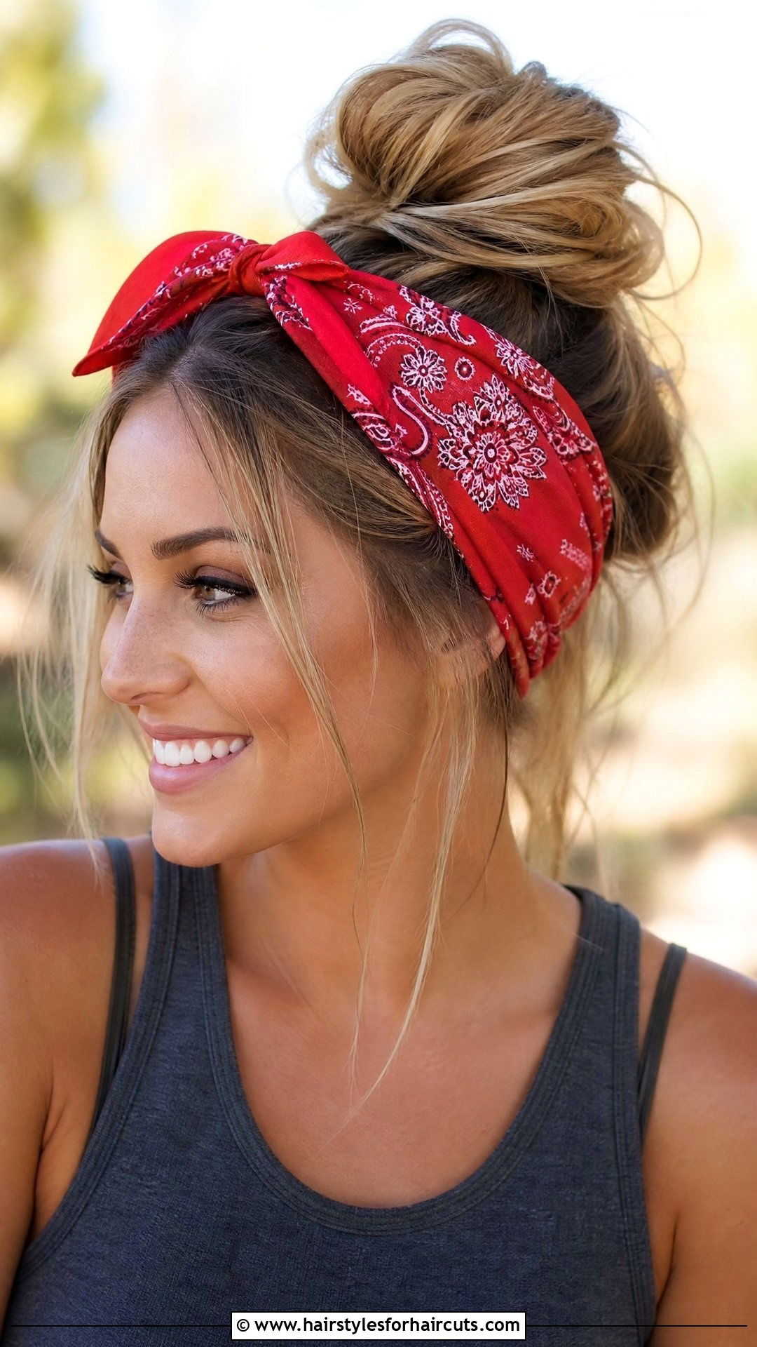 Country Messy Bun With Bandana - 25 western hairstyles for long hair - 25 western hairstyles for long hair