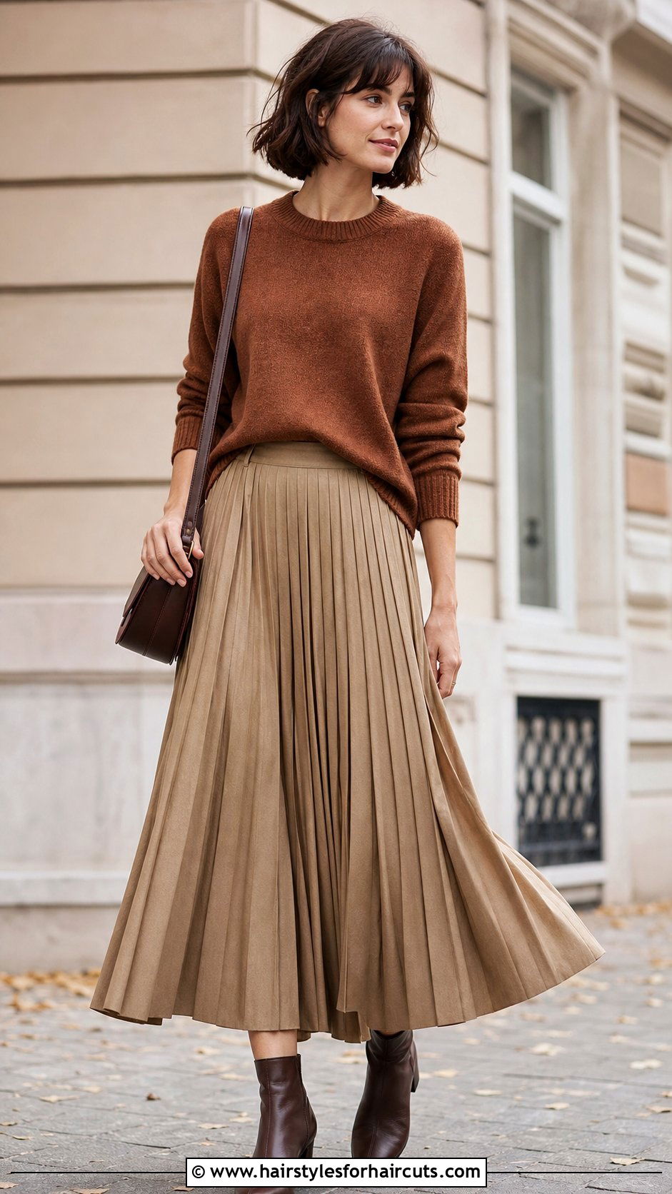 Crew Neck Sweater With Pleated Skirt - 25 casual outfits for short hairstyles - 25 casual outfits for short hairstyles