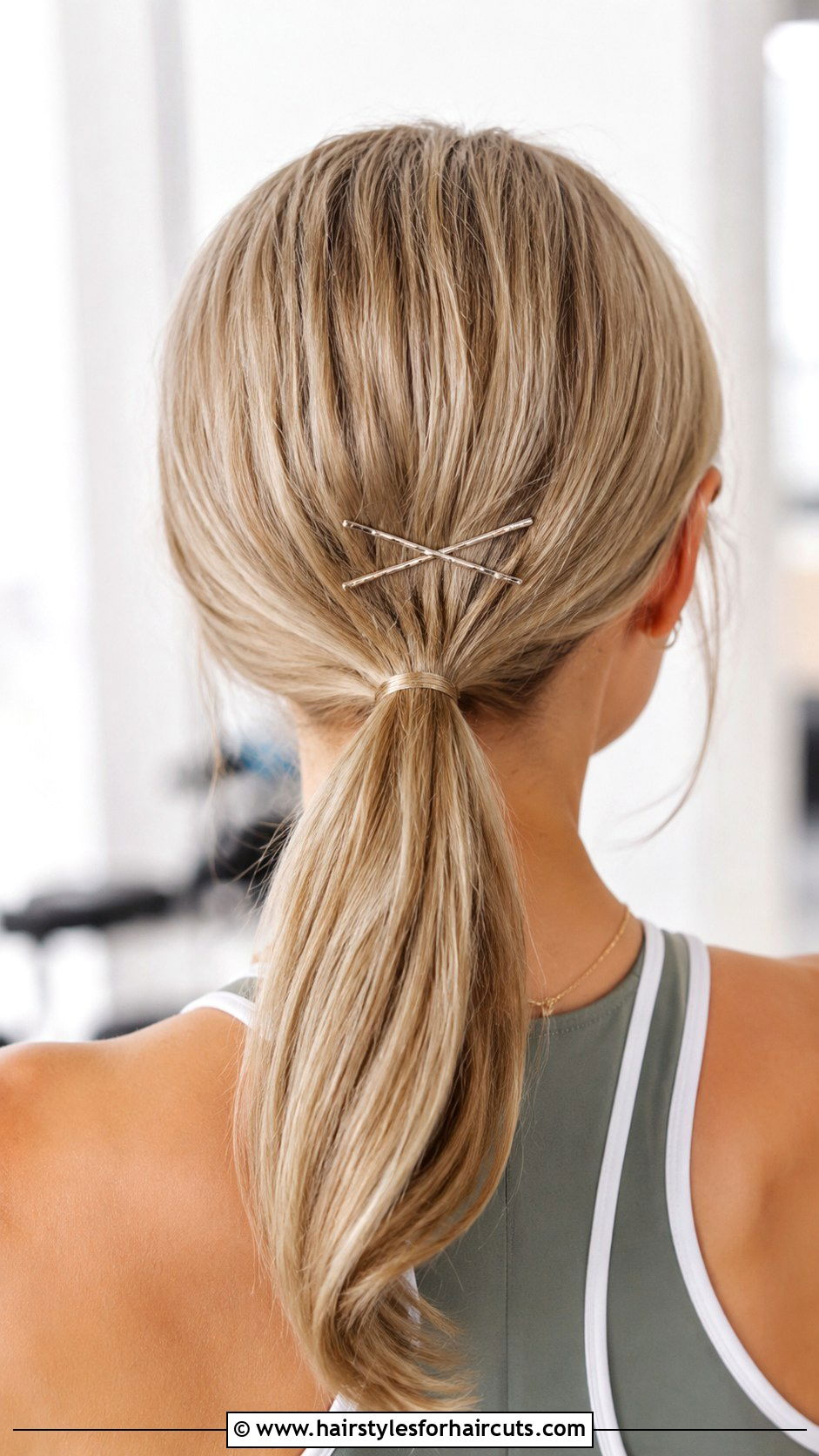 Crossed Bobby Pins Low Ponytail - 25 gymnastics hairstyles for short hair - 25 gymnastics hairstyles for short hair