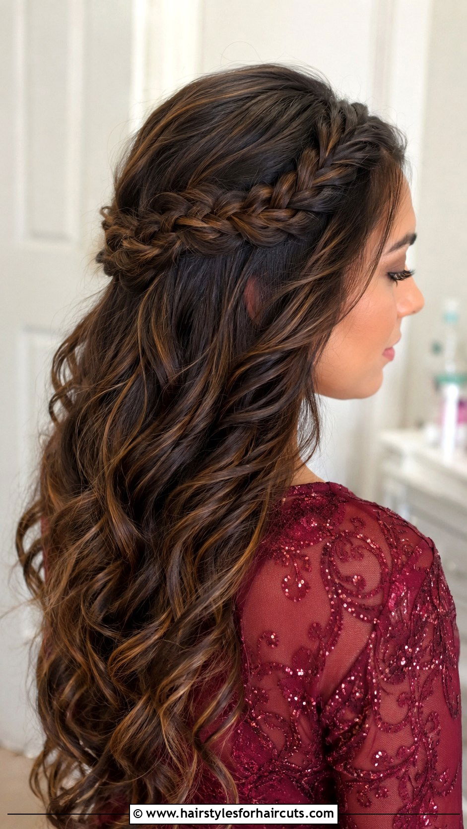 Crown Braid Half Updo - 25 long hair christmas party hairstyles - 25 long hair christmas party hairstyles